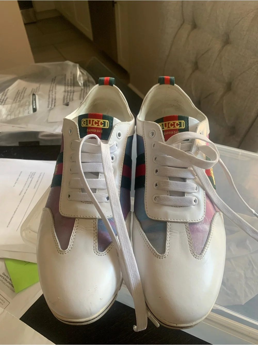 Gucci White Leather Men's Sneakers with Red-Green Web and Multicolor Panels
